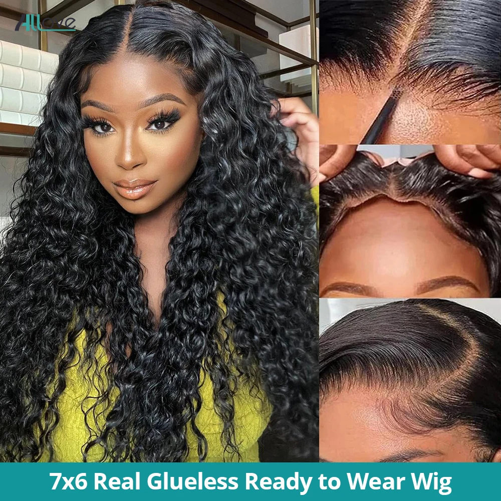 

Allove 7X6 Real Glueless Deep Wave Lace Front Wig Ready To Go Natural Color Brazilian 100% Human Hair Easy For Women