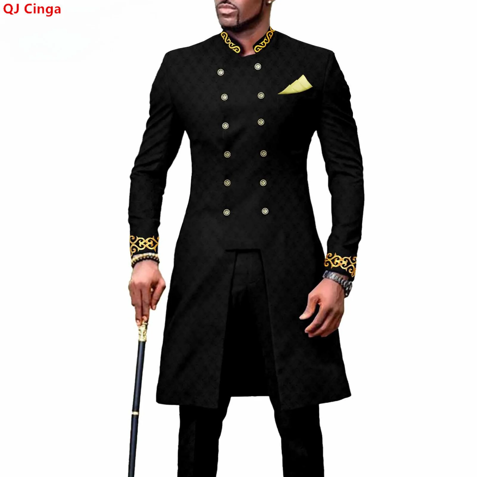 

African Men's Two-piece Suit, Featuring A Double-breasted Jacket and Trousers with Gold Embroidery on The Collar and Cuffs.