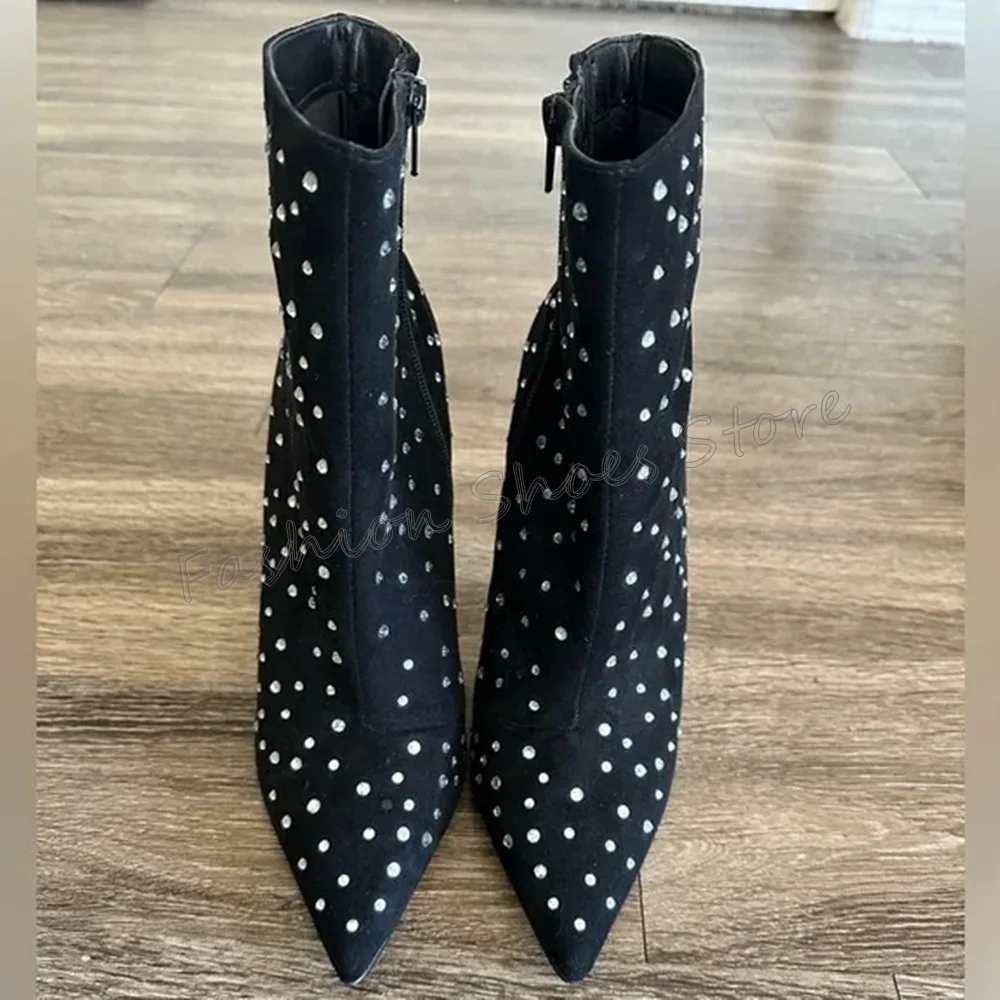 

Black Pointed Toe Side Zipper Crystal Boots Stilettos High Heels High Heel Shoes for Women Heels 2025 New Zapatos Para Mujere