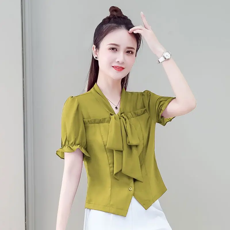 Elegante decote em v rendas até arco emendado babados camisas roupas femininas 2025 verão novo solto all-match topos blusas de manga borboleta