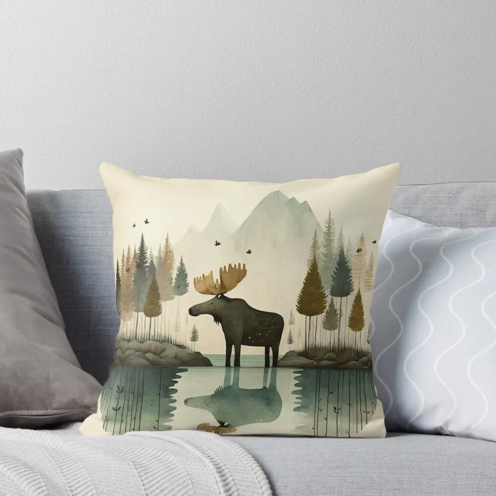 

Whimsical Moose in the Forest, Wall Print, Simplistic Art, Woodland Animals, Nursery Wall Art Decor, Kids Room, Lan Throw Pillow