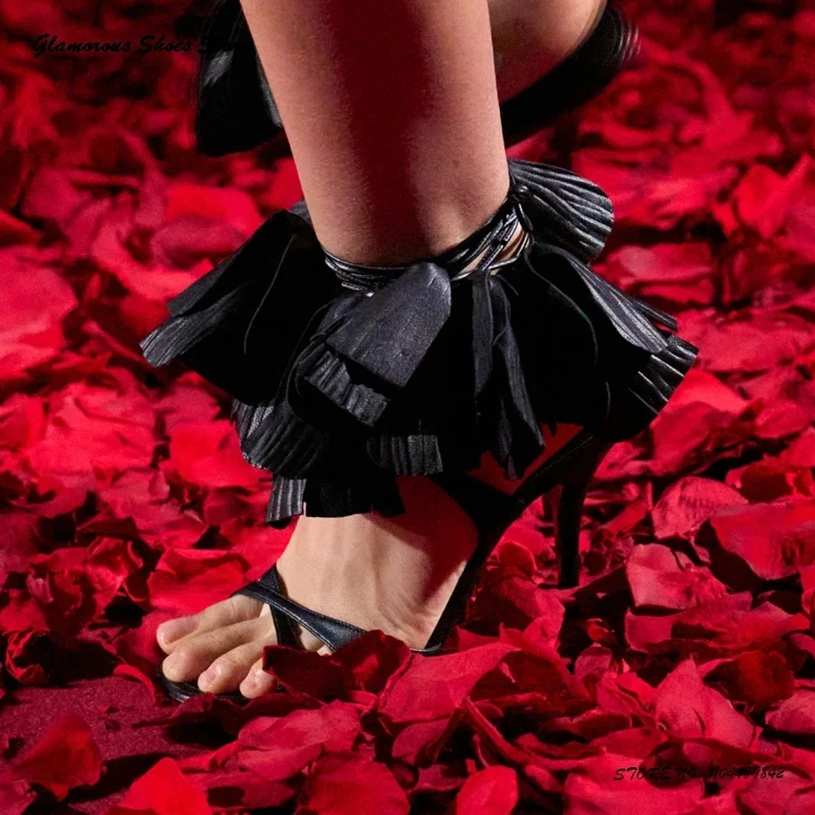 

Petal Appliques Lace-up Leather Sandals Round Open Toe Thin Heels Women's Shoes Summer Fashion Runway Catwalk Party Stilettos