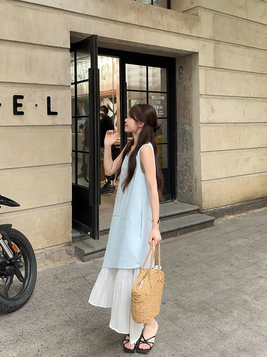 Damen Ärmelloses Weißes Midi-Kleid Locker Geschnittenes Mehrlagiges Rüschensaum-Kleid Lässiges Sommer-Strandkleid – Detail 5