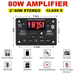 40W Amplifier Bluetooth 5.0 DIY MP3 WAV Decoder Board DC 12V Wireless Car USB MP3 Player TF Card Slot USB FM with Mic
