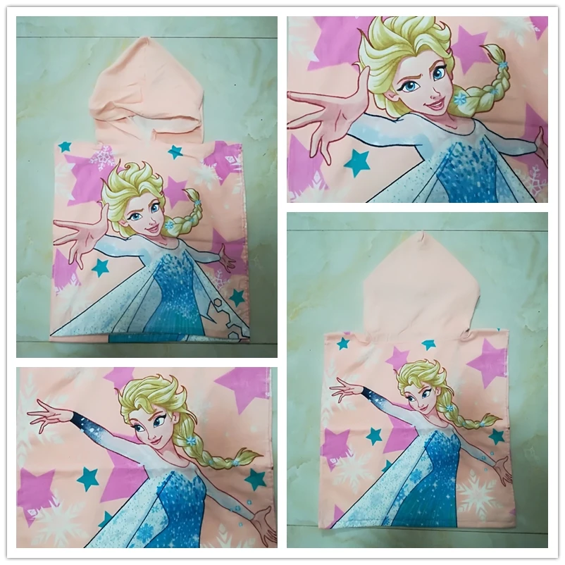 

2024 Frozen Princess Anna Elsa Pink Baby Hooded Towels 100% Cotton Swimming Cloak Absorbent Bathrobe Toddler Bath Towel 50x110cm