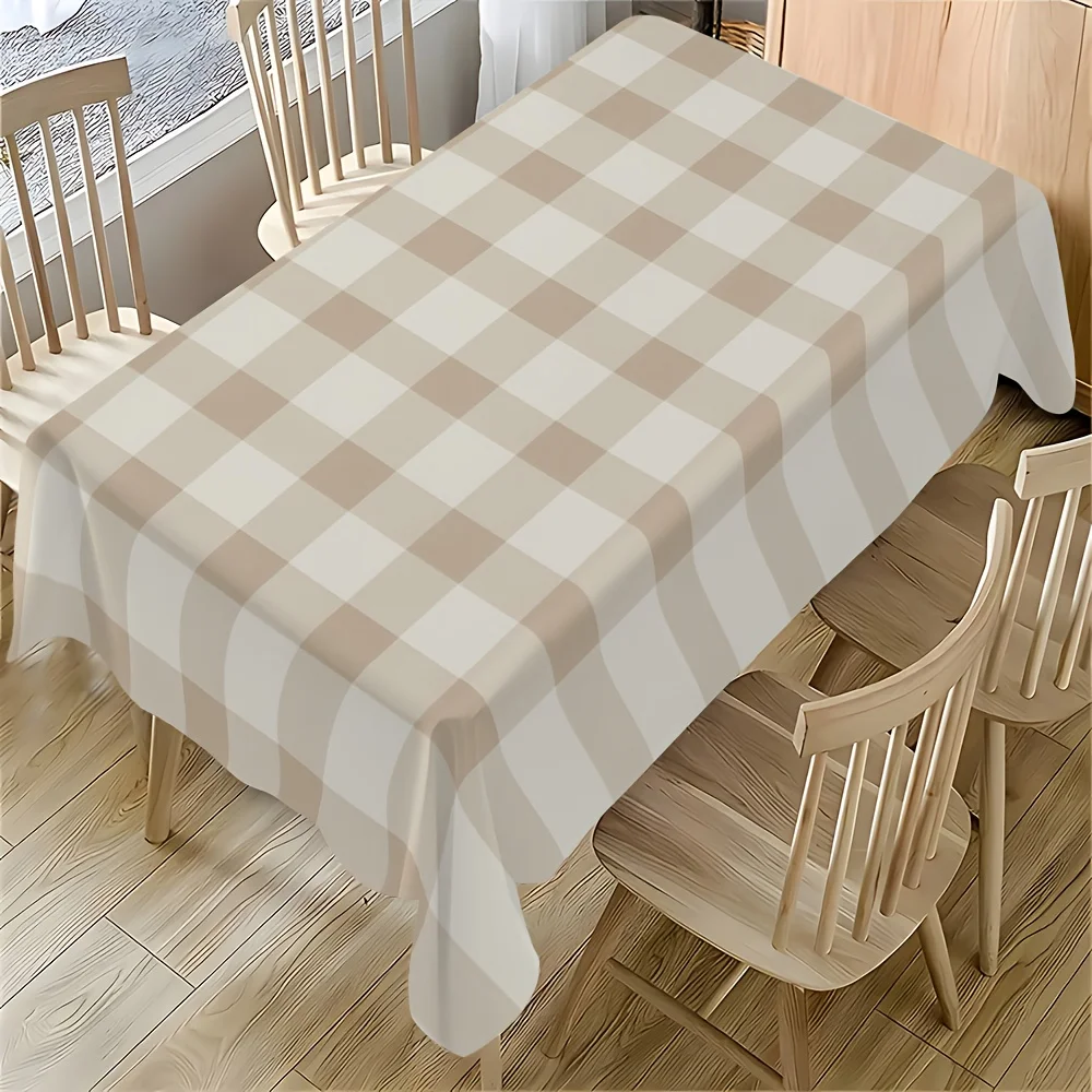 One neutral beige and white checkered rectangular tablecloth - machine-washable and easy to clean surface.
