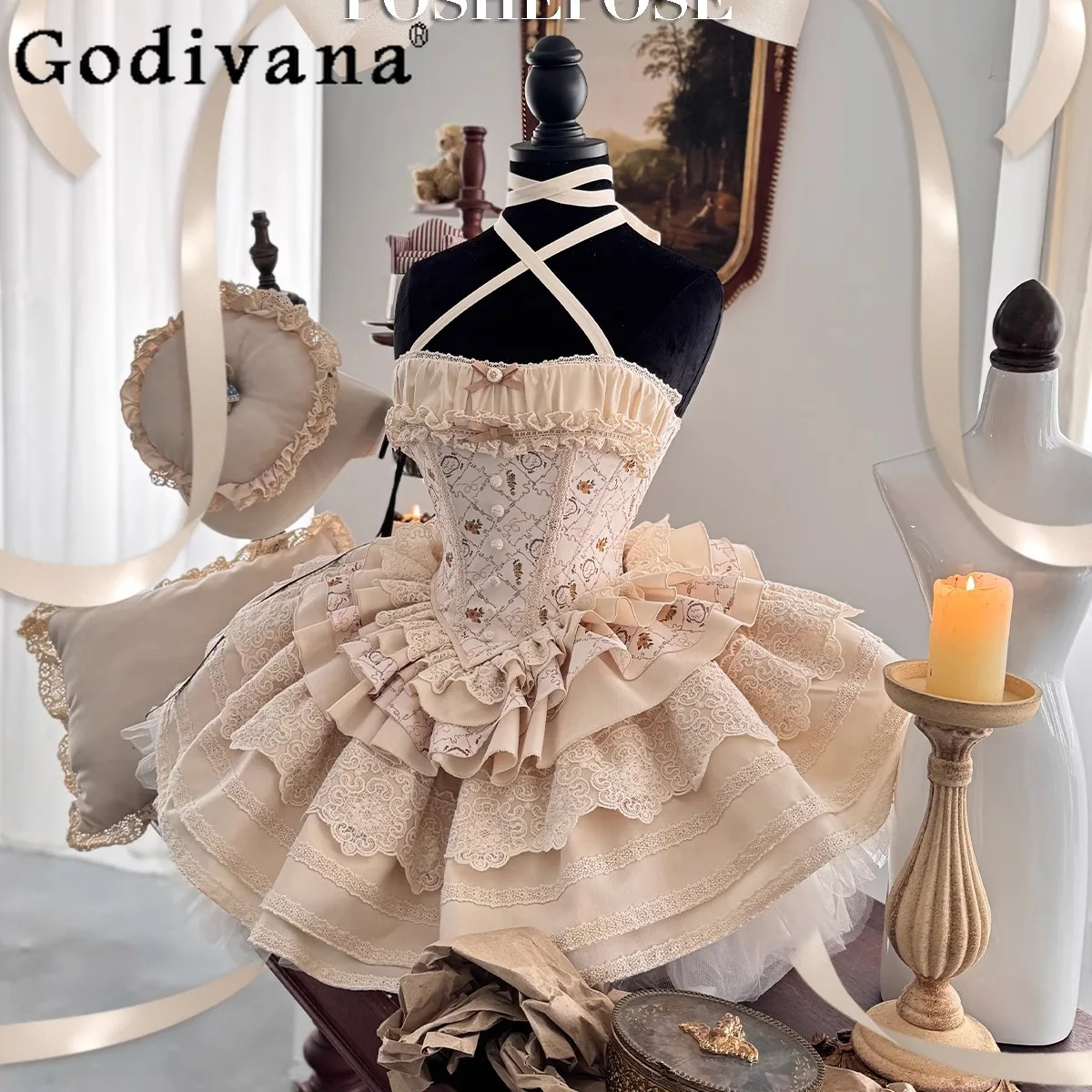 Lady Lolita Dress Women's High Waist Slim Fit Lace Splicing Print Sweet Sleeveless Strapless Princess Dress Party Evening Dress