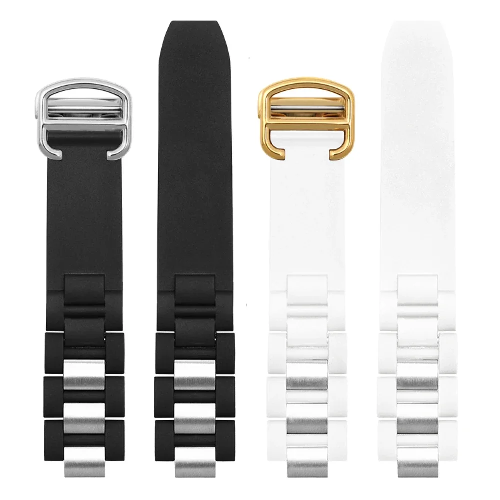 High quality silicon tape 20mm*10mm Black Rubber Replacement Watch Band With Silver Clasp For Cartier 21 Chronoscaph