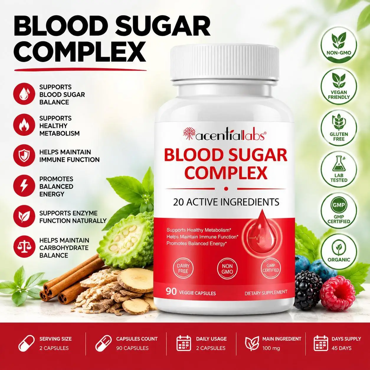 Blood Sugar Support Capsules with Chromium Alpha Lipoic Acid Bitter Melon & Cinnamon for Metabolism Balance Wellness 90 Count