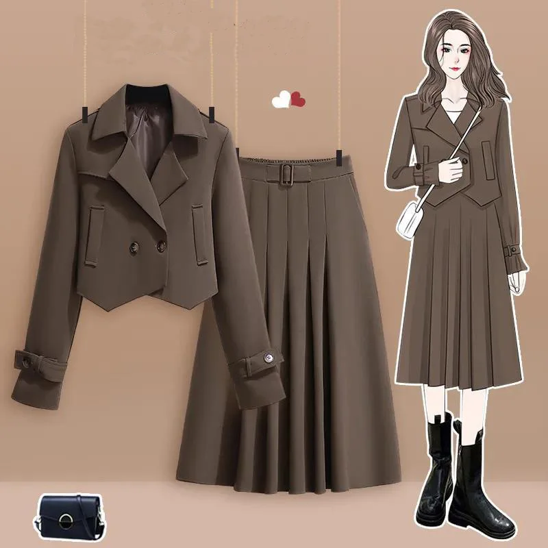 Plus Size Spring Slim Fit Jacket Blazer Pleated Half Dress Two Piece Elegant Women's Dress Set Office Outfits Occupation Suit