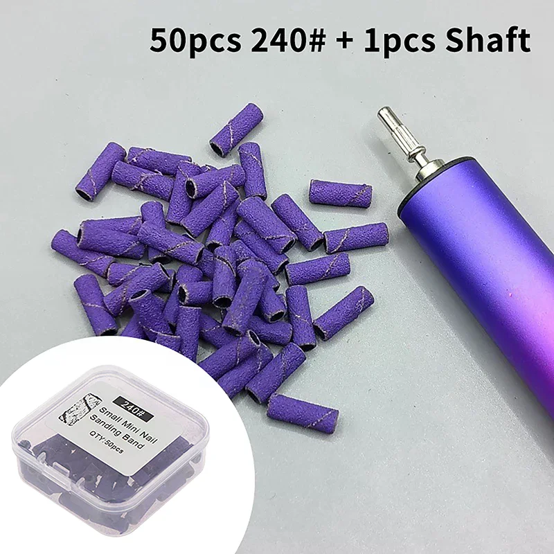 50PCS Nail Sanding Bands Tapered Metal Mandrel Purple 240 Fine Grit Drill Manicure No Slip No Dust