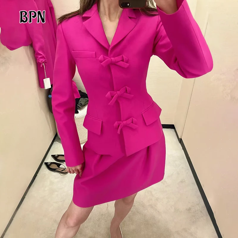 

BPN Patchwork Bowknot Slimming Blazers For Women Notched Collar Long Sleeve Spliced Pockets Minimalist Blazer Female Fashion New