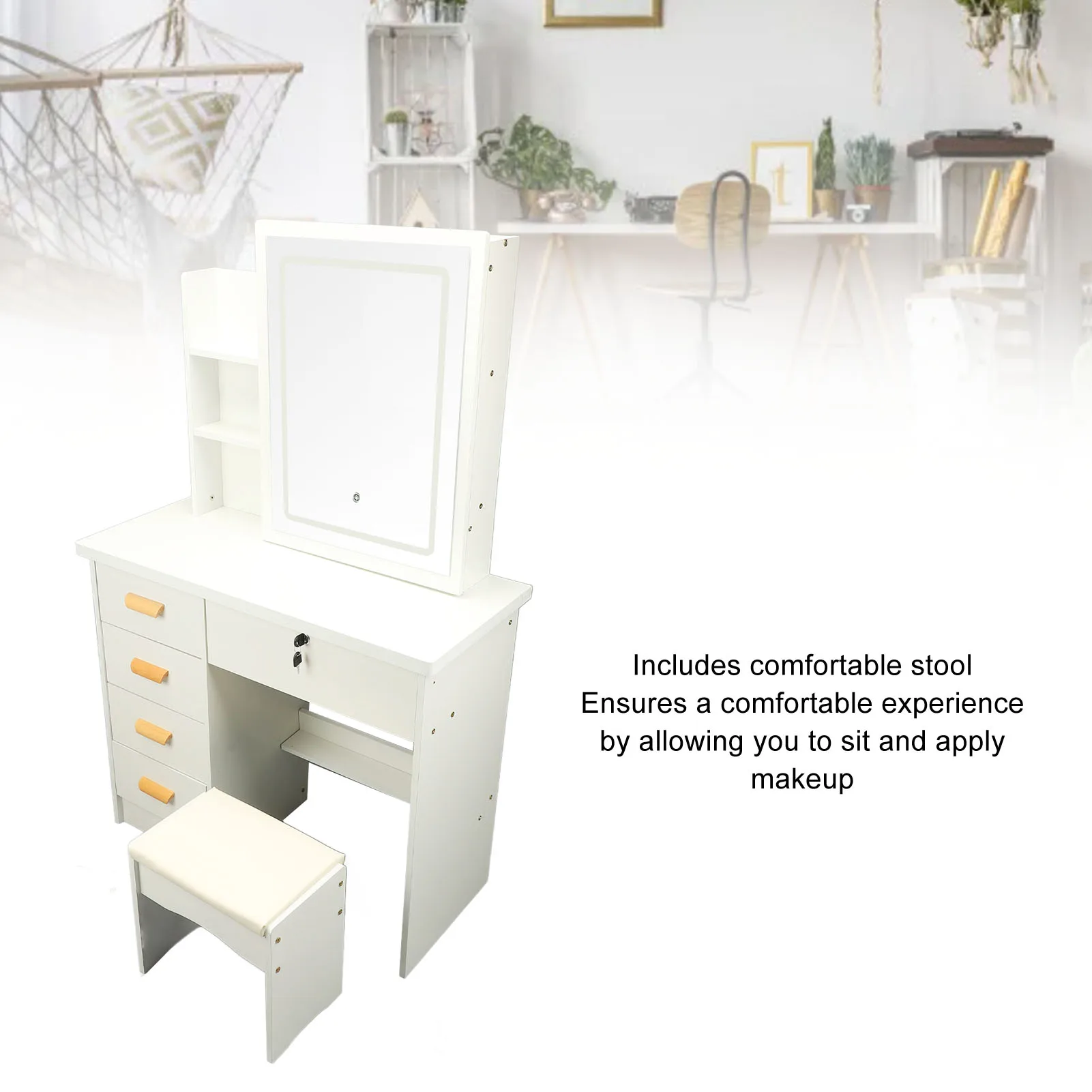 Dressing Table Dressing Table Modern Multi Functional Lighted Mirror Vanity Desk with Drawers Shelves Padded Stool for Bedroom image 4