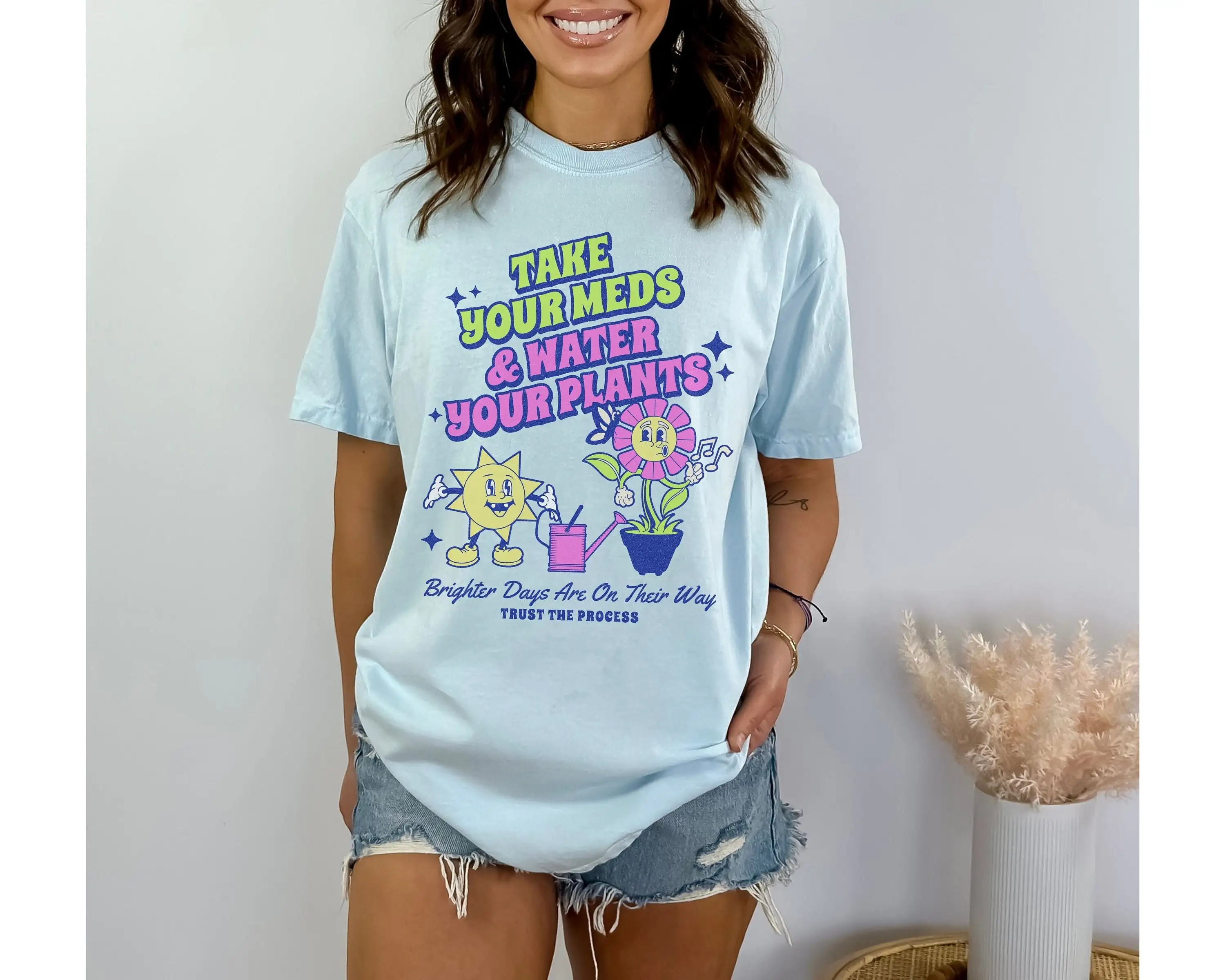 Retro Take Your Meds And Water Plants T Shirt Funny Anxiety Mental Health Comfort Colors Lexapro Depression