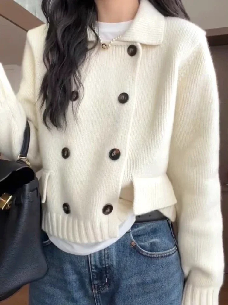 

New Style Women Solid Cardigan Korean Outerwear Warm Long Sleeve Sweater Fall Winter Button Front Turndown Collar Cozy