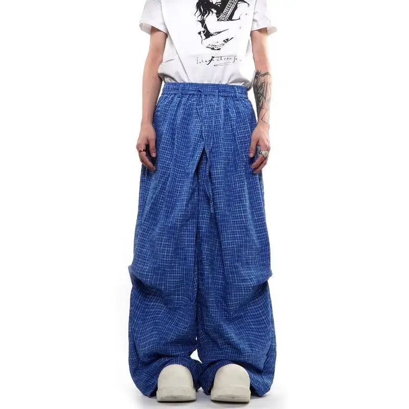 Men's Blue Checkered Pattern Pants High Waist Wide Leg Unisex Baggy Sweatpants Straight Street Casual Black Grid Trousers