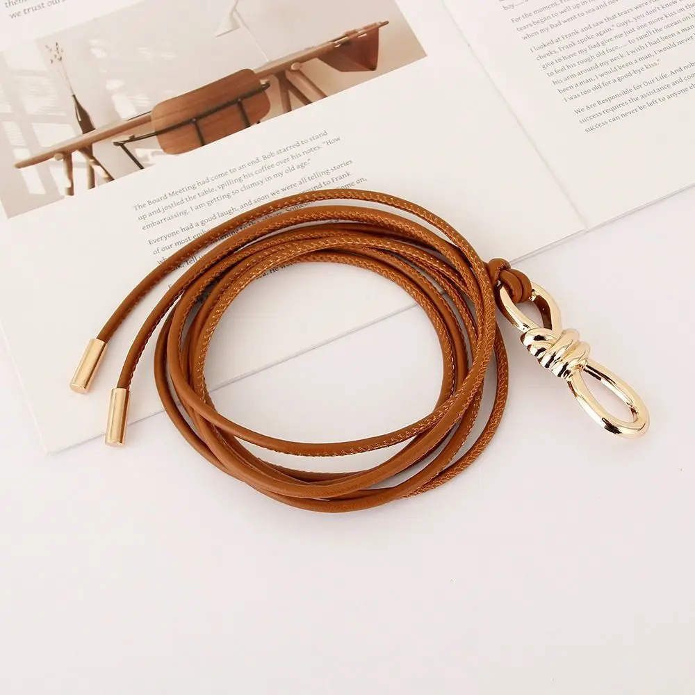Fashion Knotted Leather Waist Belt Solid Color Simple Thin Women Belt Adjustable Long Length Decorative Waistband for Jeans