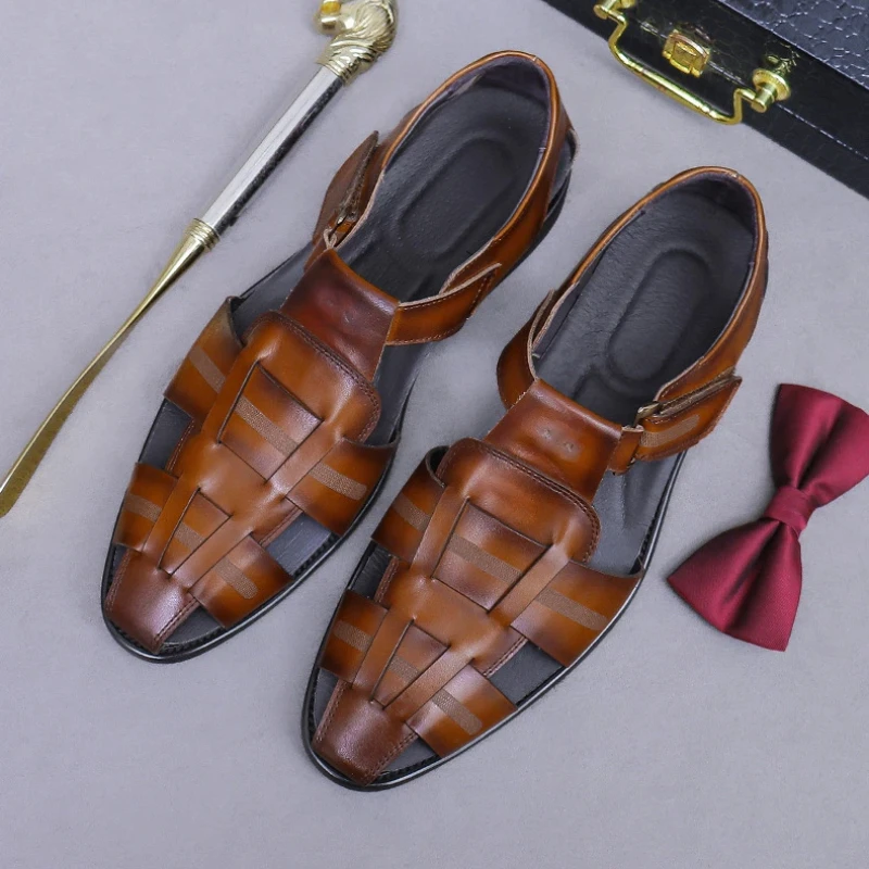 

Мужские сандалии из натуральной кожи в европейском стиле | Летние дышащие туфли из натуральной кожи высшего качества | Повседневная обувь с круглым носком и пряжкой