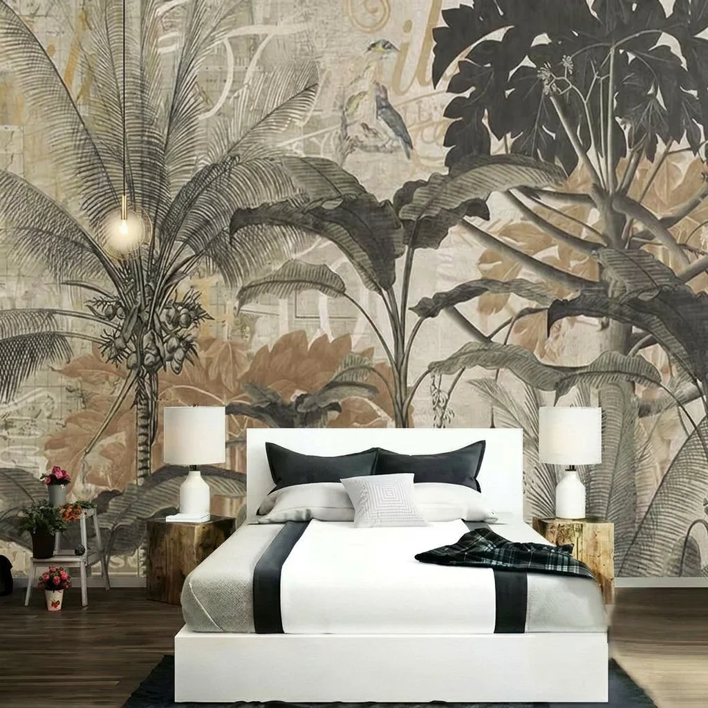 Vintage tropical plants, custom mural, made of removable custom adhesive material suitable for bedroom and living room.