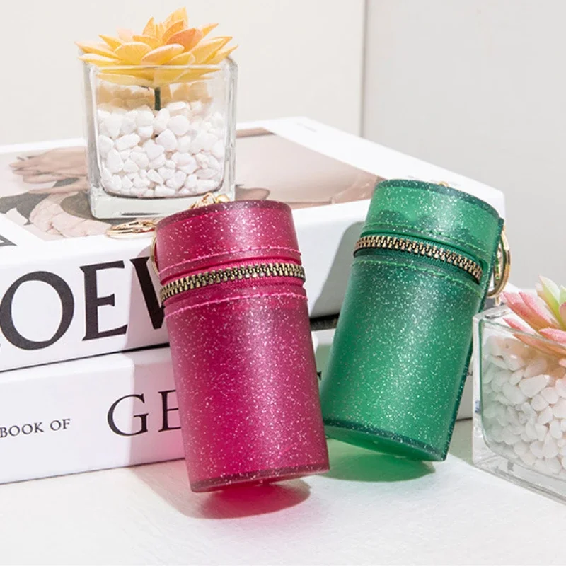 Candy Color Shining Transparent Cylindrical Jelly Bag Fashion Cute Mini Lipstick Bag Portable Zipper Coin Purse with Keychain