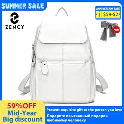 Zency Stylish White Black Genuine Leather Women Backpack A++ Quality Anti-theft Large Capacity Knapsack Travel Designer Rucksack