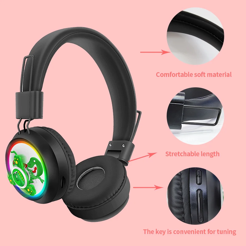 Wireless Bluetooth Headset with Microphone Dinosaur Animal Boy Girl Fun 360 Degree Rotatio TF Card Phone Headphones for Children