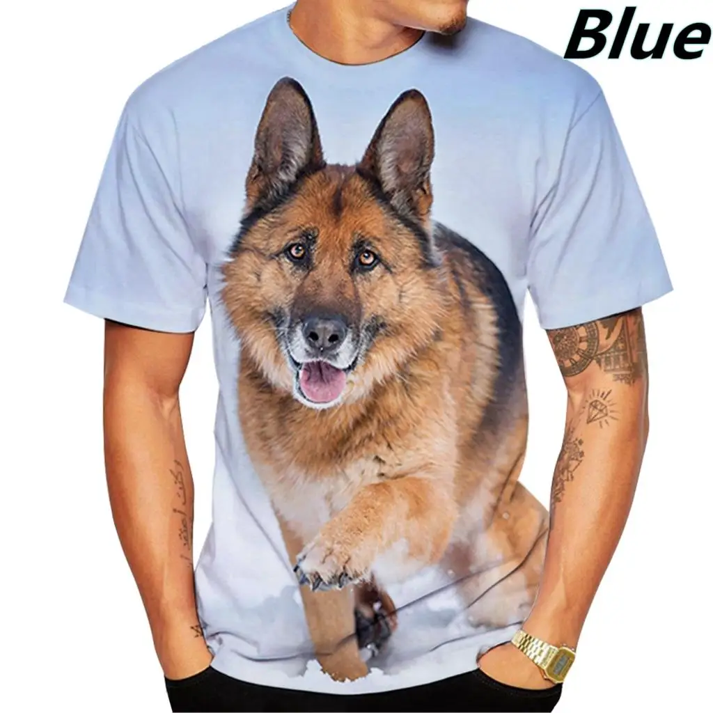 2022 Men\'s Summer T-shirt Fitness Short Sleeve Cute 3D Dog German Shepherd Dog Pattern