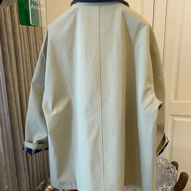 Women's Contrast Collar Trench Coat Plaid Lined Loose Fit Windbreaker with Button Cuffs 2026 New Arrival