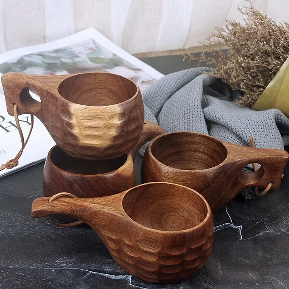 Handgemaakte Houten Melkbeker Acaciahouten Koffiemokken Tasse Met Draagtouw Handvat Camping Drinkware Kopjes Artefact Keuken Gereedschap