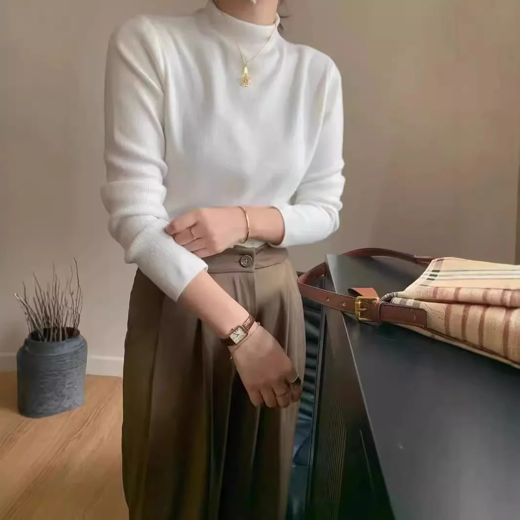 Women Mock Neck Basic Knit Sweater Long Sleeve Slim Fit Multi‑color Soft Stretch Pullover For Autumn Winter Layering Daily Wear