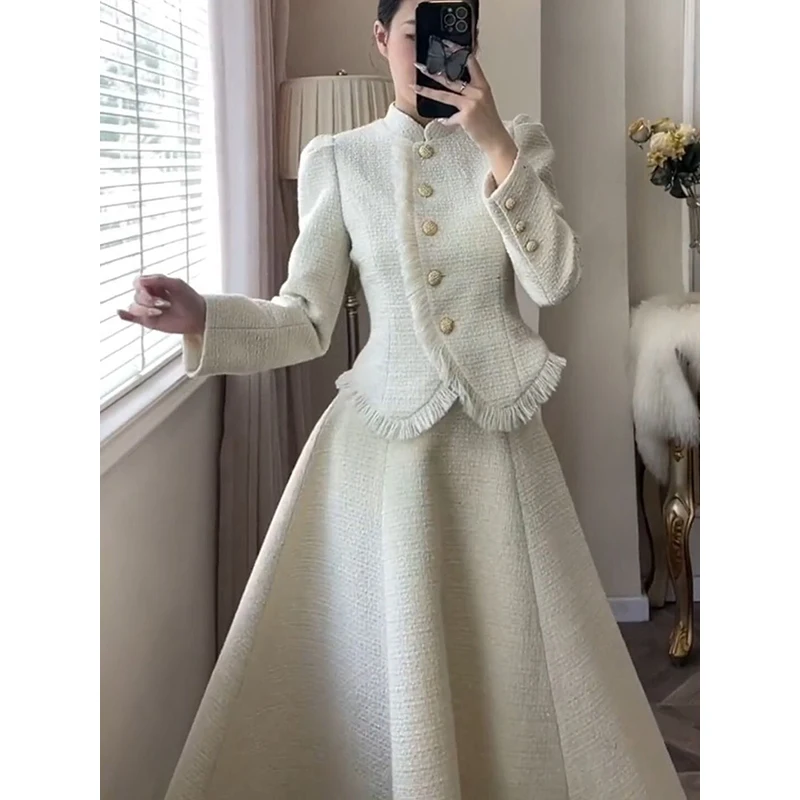 2023 Autumn Spring Women's French Small Fragrance Skirt New Korean Drama Temperament Celebrity Short Coat Two Piece Set Dress 