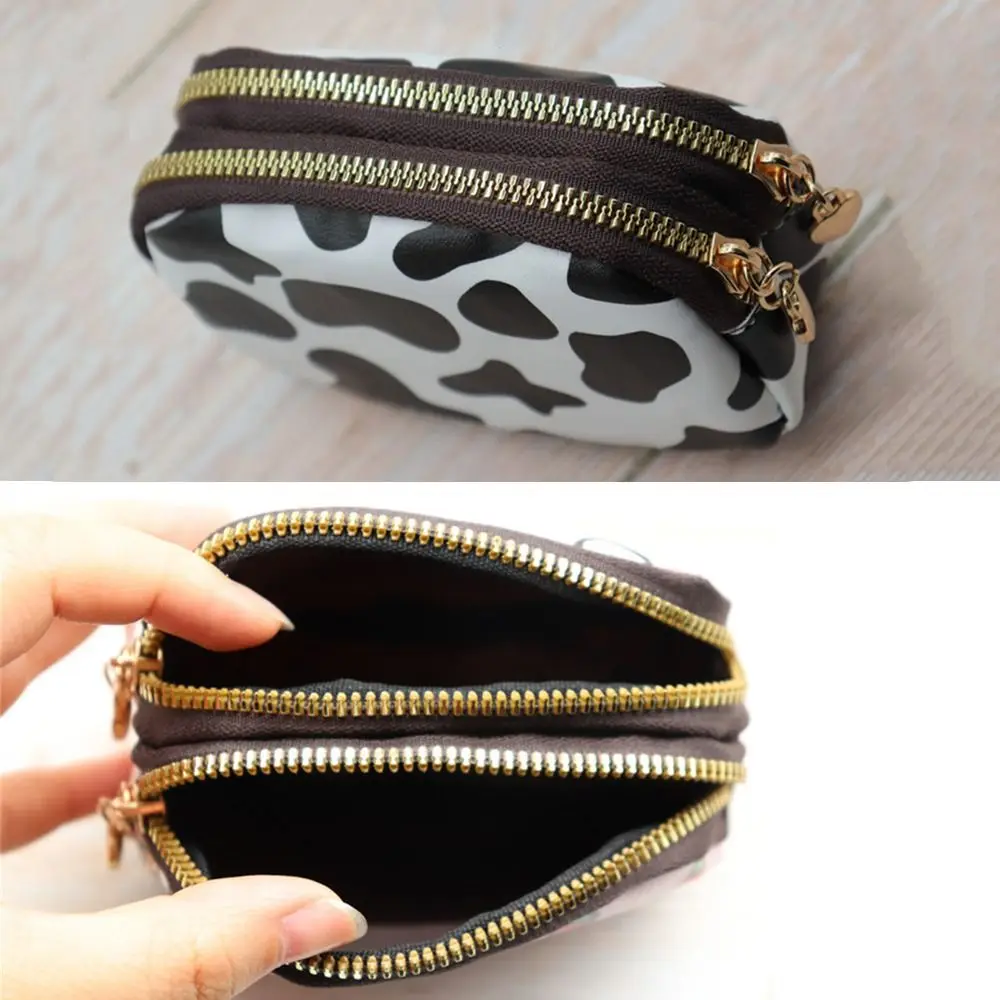 Sac de rangement portable mignon motif vache, porte-monnaie, double poche, fermeture éclair, portefeuille, carte, clé, rouge à lèvres, carte bancaire