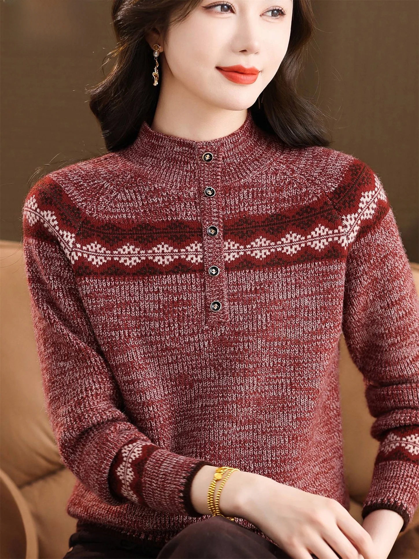 

Теплый вязаный свитер с высоким воротником, свободная основа, осень-зима, новинка, одежда для мам с узором Fair Isle, женская одежда...