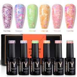 YOKEFELLOW Glitter Sequins Gel Nail Polish Sparkly Shiny Purple Green Yellow Pink Gel Nail Polish Set Soak Off UV Gel Nail Set