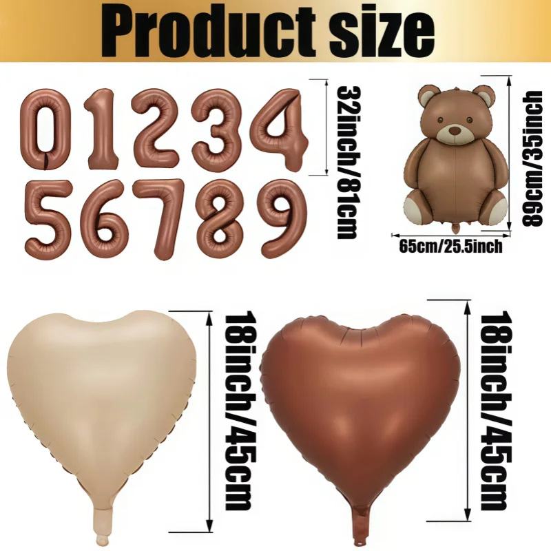 7pcs 32Inch Cute Brown Bear Balloons Set for Kids' Birthday Parties Number 1-9 Years Old Festive Decorations