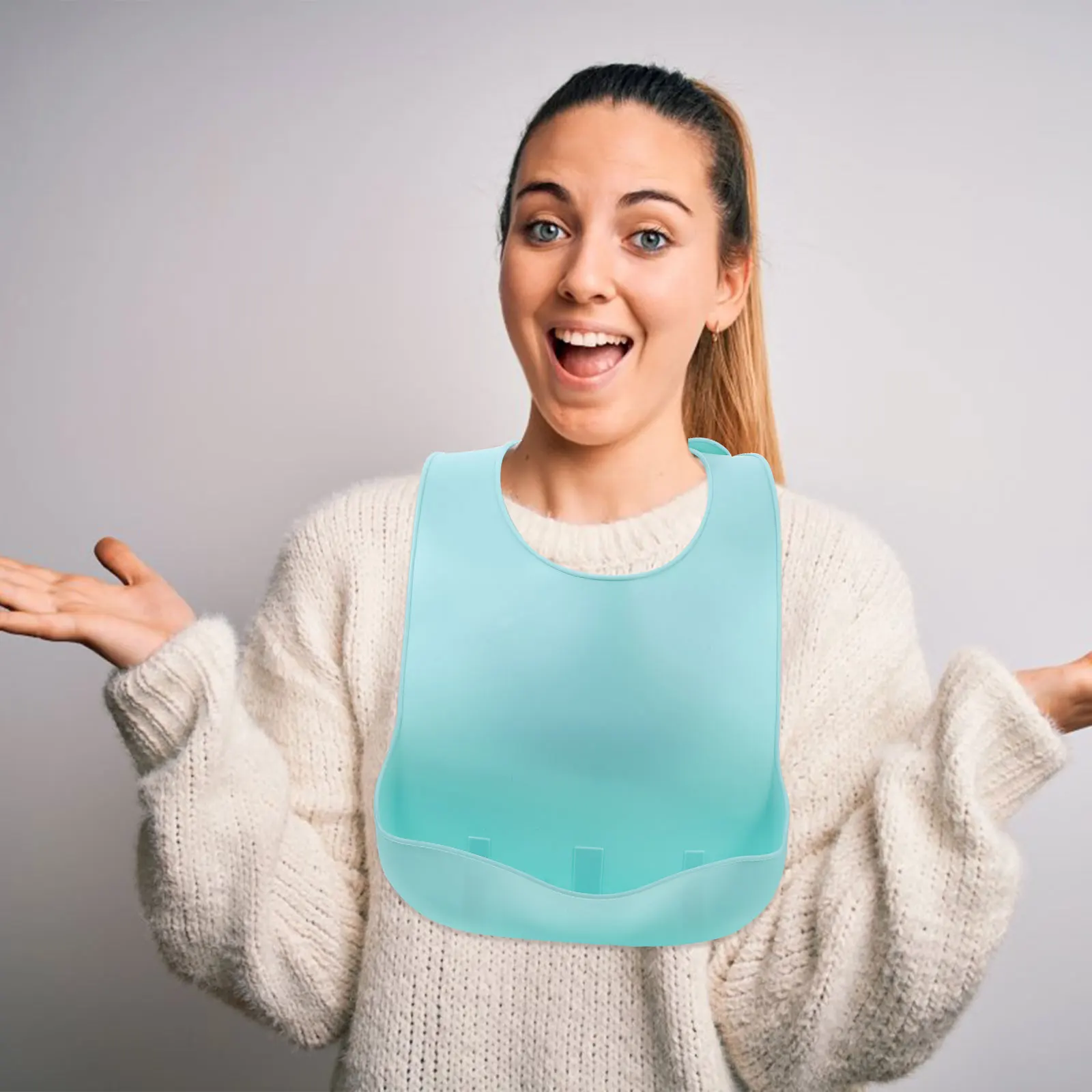 Babero de silicona para adultos, delantal de arroz impermeable para personas mayores, duradero, cómodo, para comer, azul cielo, ligero y plegable, 1 ud.