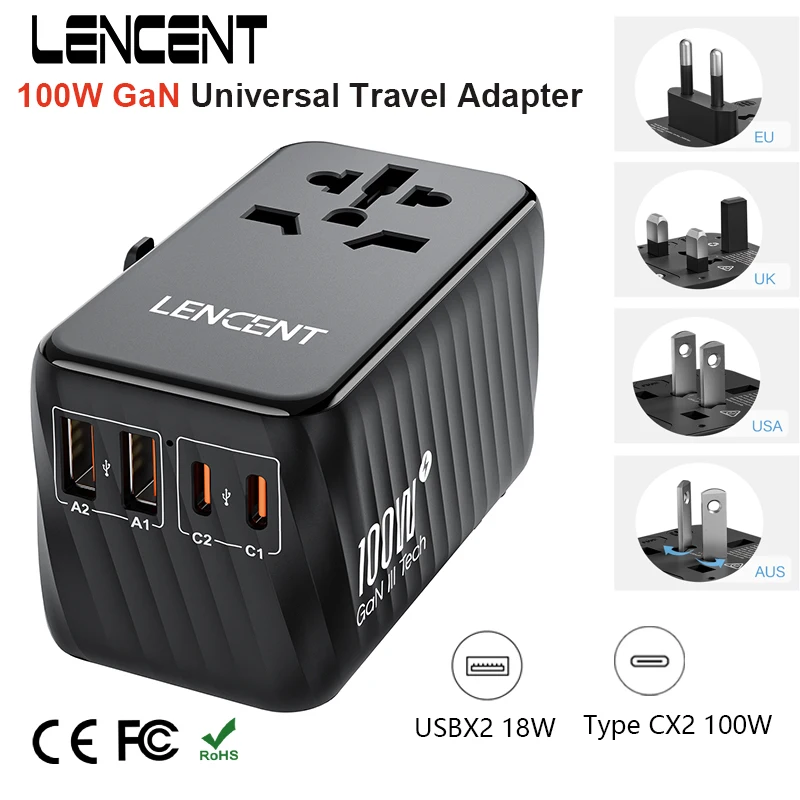 

LENCENT 100W GaN Universal Travel Adapter with 2 USB-A+2 Type-C All-in-one Adapter Fast Charger EU/UK/USA/AUS plug for Travel