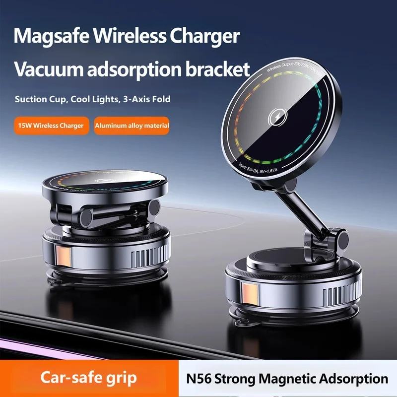 Vacuum Magnetic Car Wireless Charger Mount 15W Foldable Dashboard Phone Stand for iPhone 16 15 14 Samsung Android