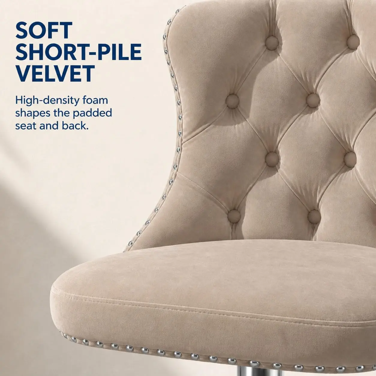 Velvet Bar Stools 6 Adjustable Swivel Counter Height Tufted Back & Nailhead Trim Kitchen Island Khaki Chrome, Customized - view 4