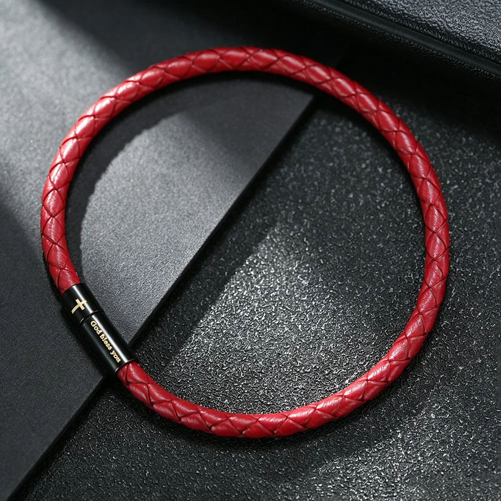 Minimalistisches PU-Leder Geflochtenes Kreuz-Armband Unisex mit der Aufschrift „God Bless You“ 2 Größenoptionen Amulett-Armband Glücksbringer Paar-Schmuck
