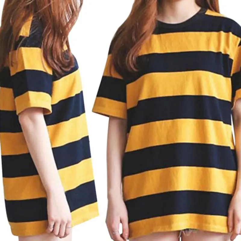 Women\'s Round Neck Yellow and Black Striped Short Sleeve t-shirt Summer Loose Sports T-shirt Tops