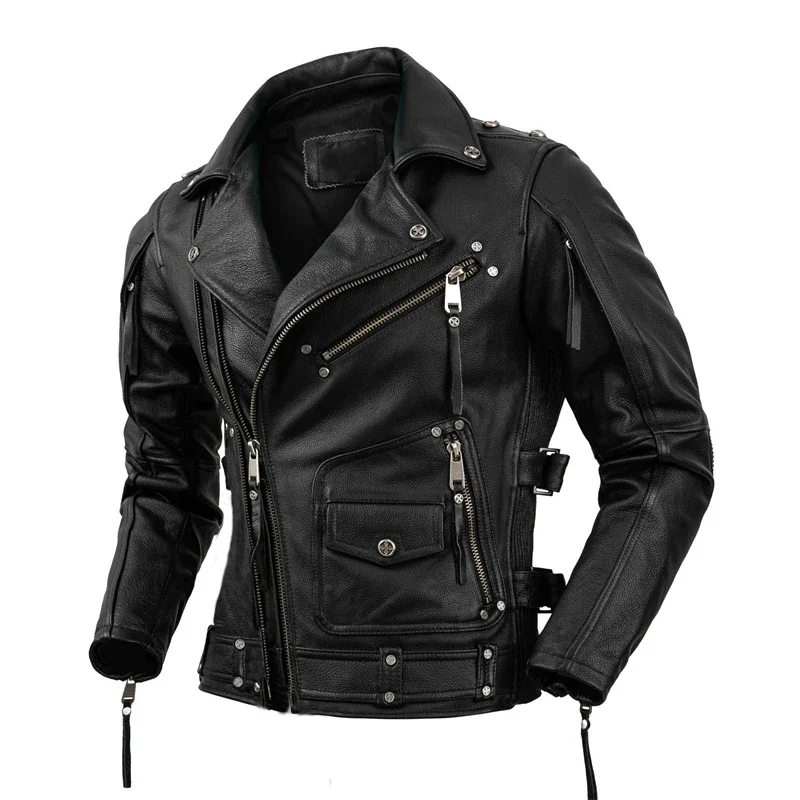 Men's Natural Leather Motorcycle Jacket Top Layer Cowhide Biker Jacket Retro Moto Suit Stone Milled Large Size Leather Jacket