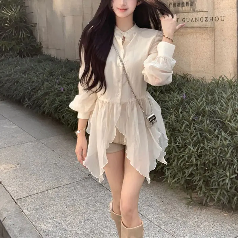 

Stylish Irregular Patchwork Shirts Autumn Long Sleeve Basic Female Clothing French Style Solid Color Aura Single-breasted Blouse
