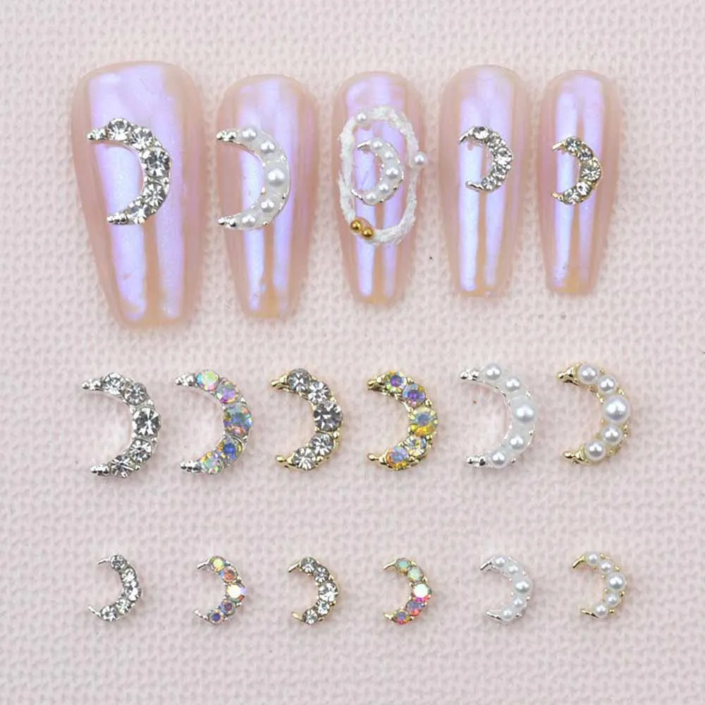 10pcs Alloy Moon Series Nail Art Jewelry 3D Gold/Silver Moon(With  AB Crystal Diamond) Nail Rhinestone Luxury Pearl Nail Parts