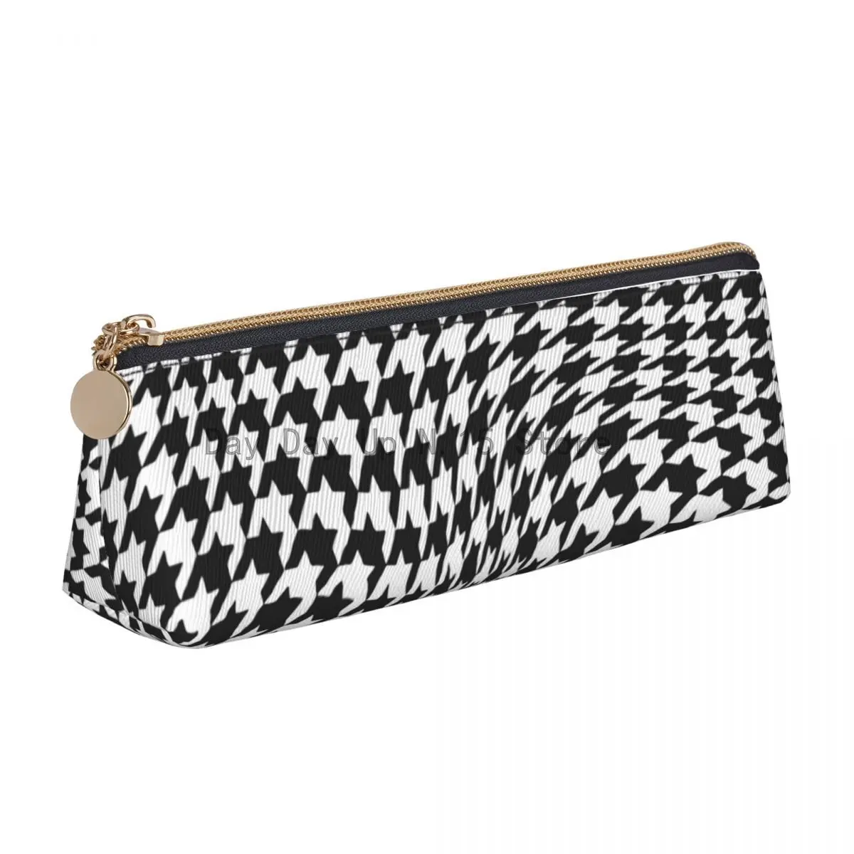 

Houndstooth Triangle Pencil Case Black And White Abstract Art Fashion Zipper Pencil Box For Teens College Leather Pen Bags