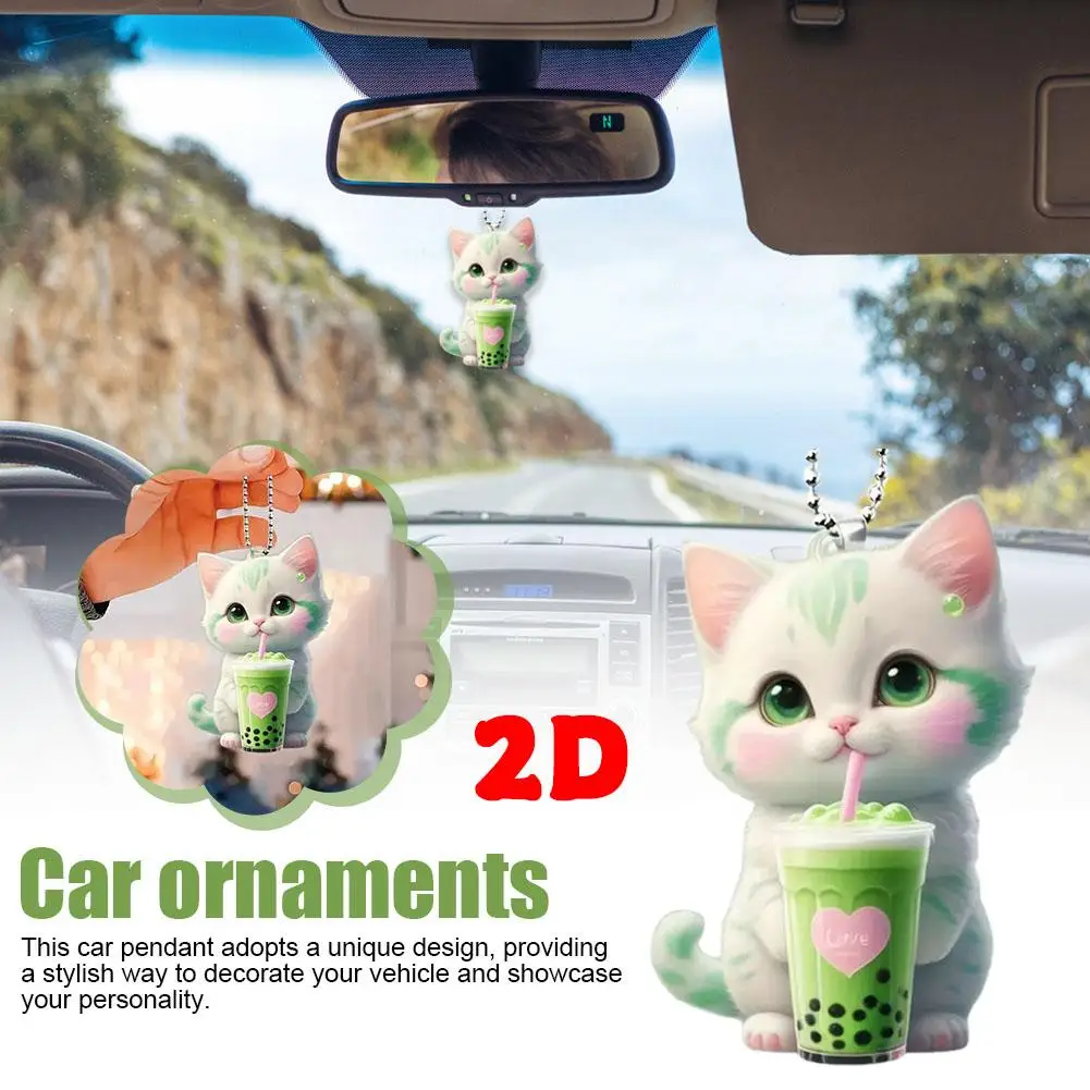 2D Cute Kitten With Drinks Rearview Mirror Pendant Car Hanging Ornaments Car Decoration Accessories Gifts For Women Men Gif D6N4