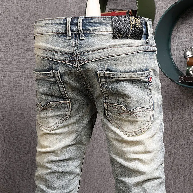 Fashion Vintage Men Jeans Retro Washed Elastic Slim Hole Ripped Jeans Men Embroidery Designer Patched Hip Hop Denim Pants Hombre