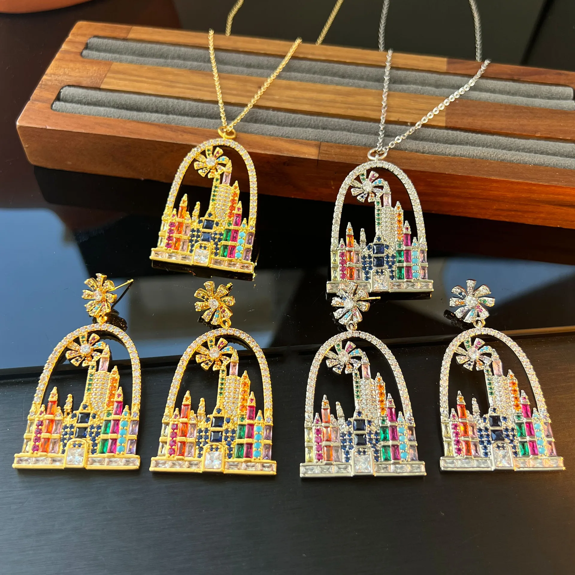 Iridescent Fairytale Castle Western Architecture Jewelry Set Heavy Craft Multi‑Color Gem Inlaid Zircon Elegant Women Necklace Ea