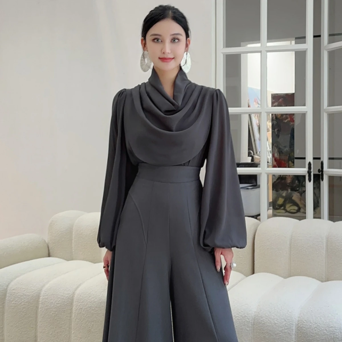 Ele Lantern Sve Base irt femmes ample en mousseline de soie haut automne nouveau Sle luxe Sensation Faionable polyvalent Long Sve
