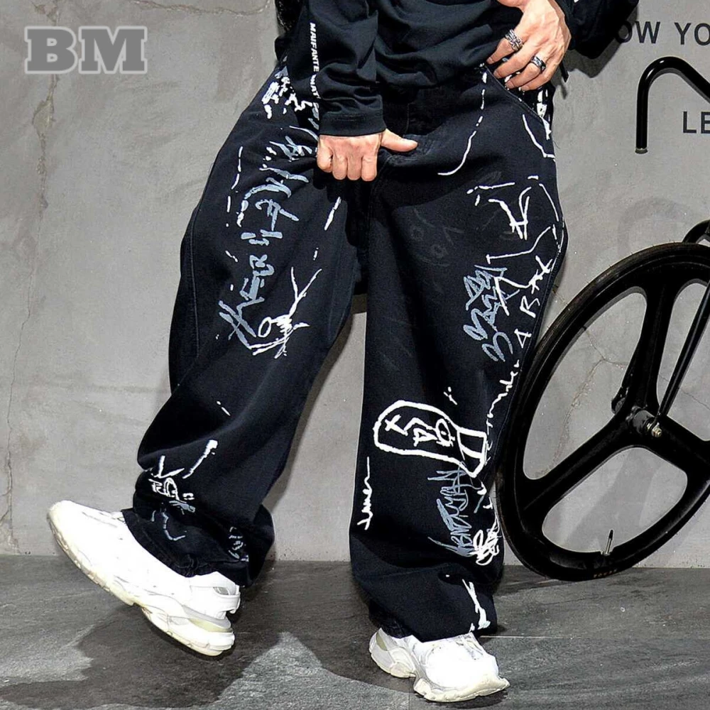 

American Hip Hop Baggy Jeans Mens Clothing Streetwear Paint Graffiti Black Skateboard Street Dance Pants Kpop Denim Trousers